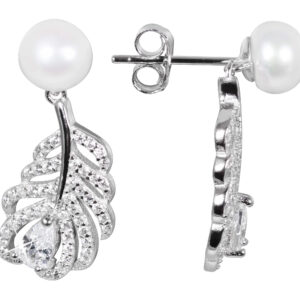 JwL Luxury Pearls Perlové náušnice s bílou pravou perlou a zirkony Peříčka JL0536